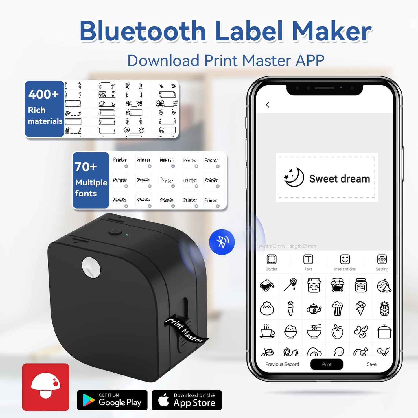 Zodzi P12 Label Maker, Bluetooth Label Maker Machine with Tape, Mini Thermal Portable Label Printer with Fonts, Inkless Sticker Maker for Home, School, Office Labeling